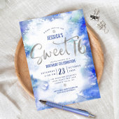 シルバーブルーウォーターカラースウィート16誕生日 モダン 招待状