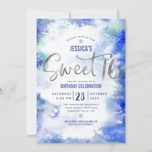シルバーブルーウォーターカラースウィート16誕生日 モダン 招待状 (正面)