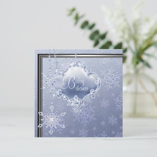 シルバーブルーエレガントスノーフレーク男の赤ちゃんシャワー 招待状 (スタンド正面)