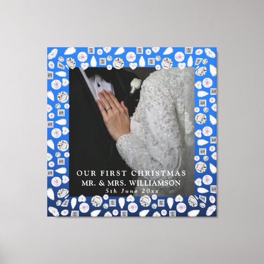 シルバーブルーエレガントハートダイヤモンド初めてのクリスマス キャンバスプリント (正面)