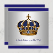 シルバーブルークラウンプリンス男の赤ちゃんシャワー 招待状 (正面/裏面)
