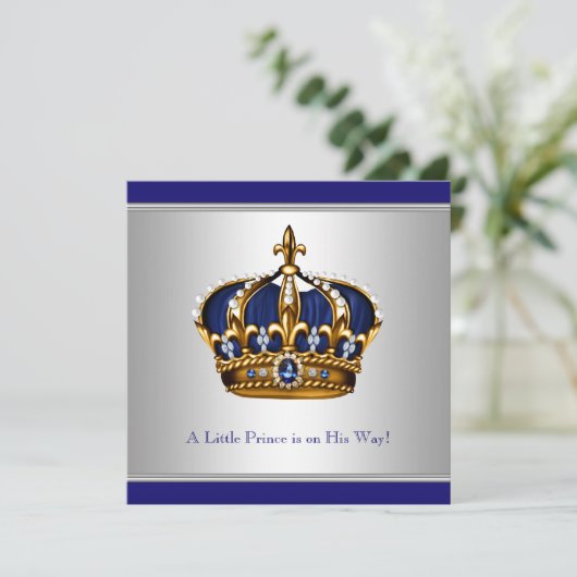シルバーブルークラウンプリンス男の赤ちゃんシャワー 招待状 (スタンド正面)