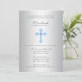 シルバーブルークロス《キリスト教》洗礼式や命名式/バプテスマボーイフォト 招待状 (スタンド正面)