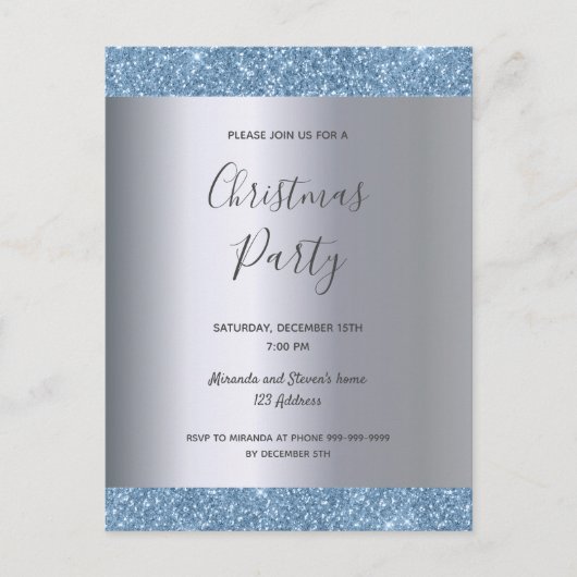 シルバーブルーグリッタークリスマスパーティの招待状 シーズンポストカード (正面)