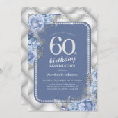シルバーブルーグリッターフローラ60誕生日 招待状 (正面/裏面)
