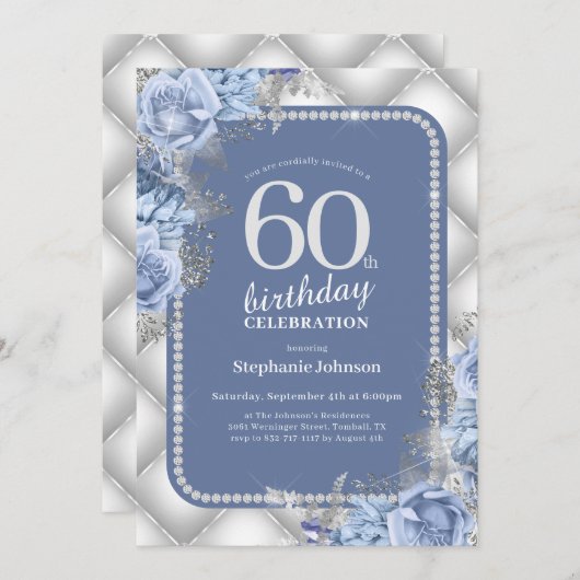 シルバーブルーグリッターフローラ60誕生日 招待状 (正面/裏面)