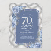 シルバーブルーグリッターフローラ70誕生日 招待状 (正面/裏面)
