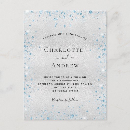 シルバーブルーグリッターメタルエレガントウインターウェディング インビテーションポストカード (正面)
