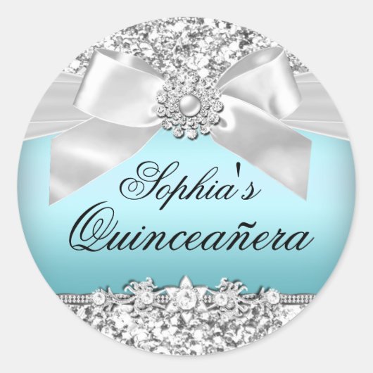 シルバーブルーグリッター&ジュエルボウステッカー ラウンドシール (正面)