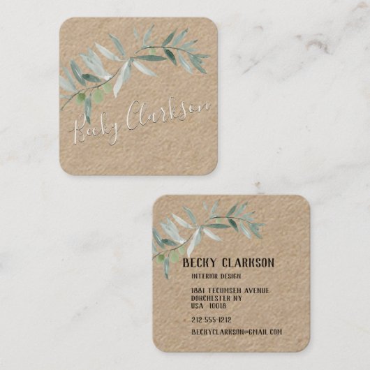 シルバーブルーグリーンリークラフト紙かわいらしスクリプト スクエア名刺 (正面/裏面)