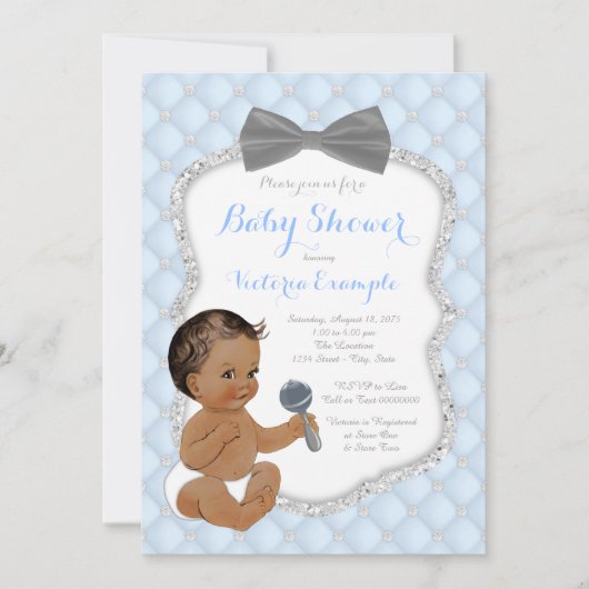 シルバーブルーグレーボウタイエスニックボーイベビーシャワー 招待状 (正面)