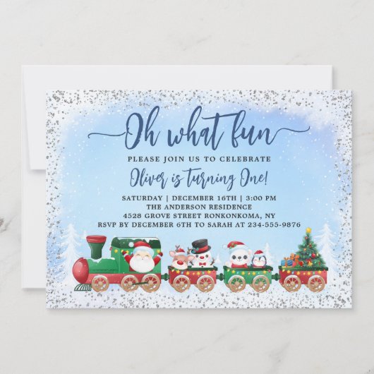 シルバーブルーサンタクロースクリスマス子供の誕生日 招待状 (正面)