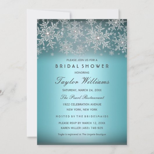 シルバーブルージュエルスノーフレークブライダルシャワー招待状 招待状 (正面)