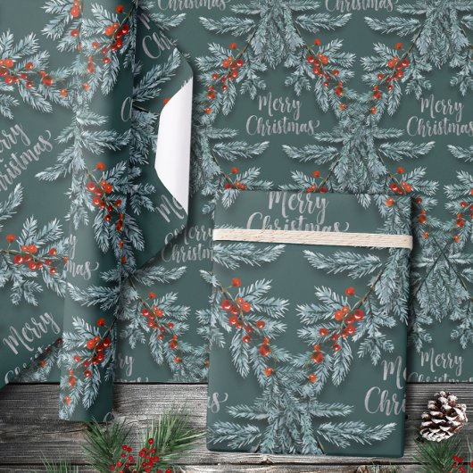 シルバーブルーススプルースレッドベリーメリークリスマス ラッピングペーパー