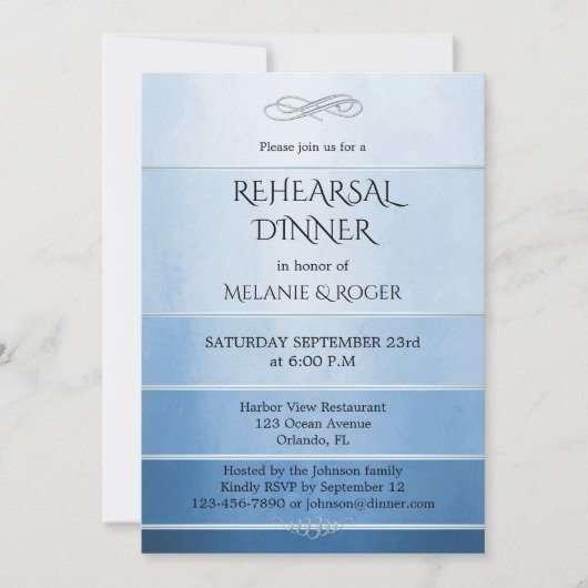 シルバーブルーストライプのトーンオントーンリハーサルディナー 招待状 (正面)