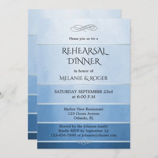 シルバーブルーストライプのトーンオントーンリハーサルディナー 招待状 (正面/裏面)