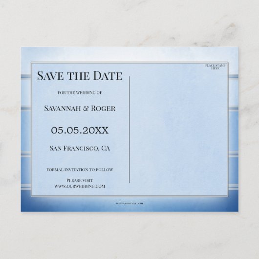 シルバーブルーストライプのフォト日付の保存 案内ポストカード (裏面)