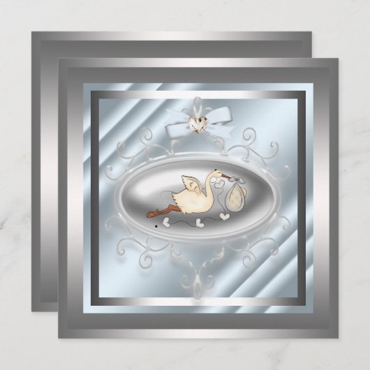 シルバーブルーストーク男の赤ちゃんシャワー招待状 招待状 (正面/裏面)