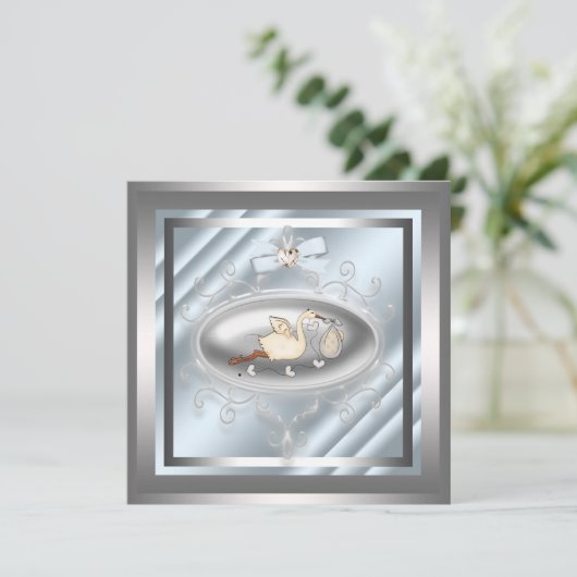 シルバーブルーストーク男の赤ちゃんシャワー招待状 招待状 (スタンド正面)