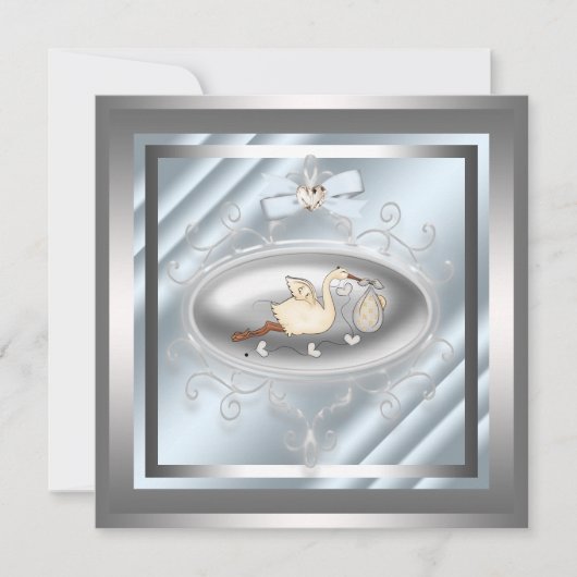 シルバーブルーストーク男の赤ちゃんシャワー招待状 招待状 (正面)