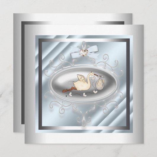 シルバーブルーストーク男の赤ちゃんシャワー 招待状 (正面/裏面)