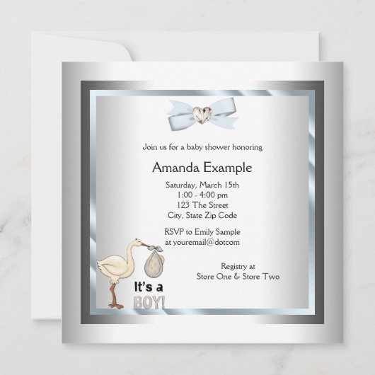 シルバーブルーストーク男の赤ちゃんシャワー 招待状 (裏面)