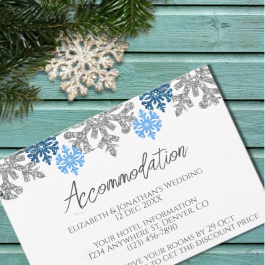 シルバーブルースノーフレークウィンターウェディングアコモデーション エンクロージャーカード