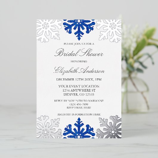 シルバーブルースノーフレークウィンターブライダルシャワー 箔招待状 (立ち正面)
