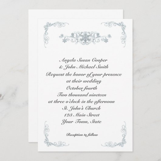 シルバーブルースノーフレークスウィンターウェディング招待状 招待状 (正面/裏面)