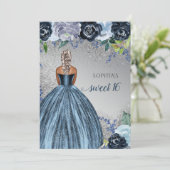 シルバーブルースパークルドレス甘い16誕生日 招待状 (スタンド正面)