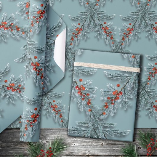 シルバーブルースプルチェレッドベリーズラティスブルー ラッピングペーパー