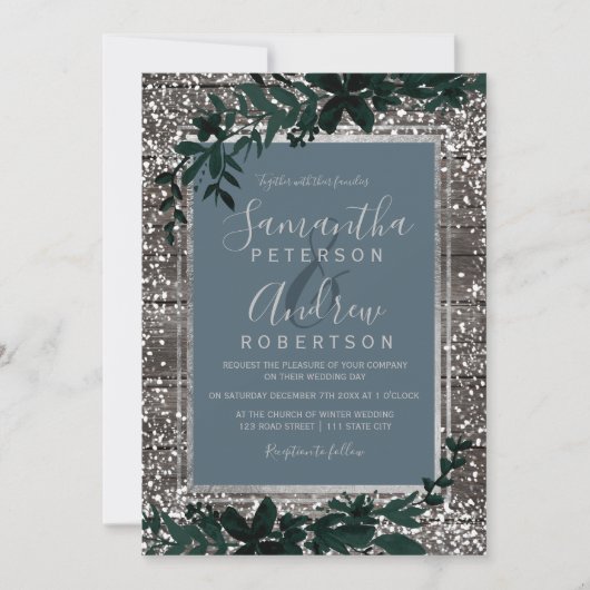 シルバーブルータイポグラフィリーフ雪結婚木材 招待状 (正面)