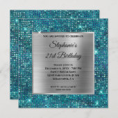 シルバーブルーティール(緑がかった色)ダイヤモンドスタッズフォイル誕生日 招待状 (正面/裏面)