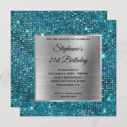 シルバーブルーティール（緑がかった色）ダイヤモンドスタッズフォイル誕生日 招待状 (正面/裏面)