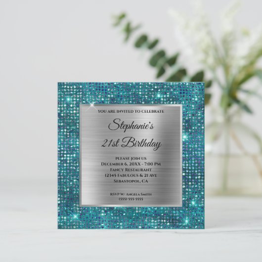 シルバーブルーティール(緑がかった色)ダイヤモンドスタッズフォイル誕生日 招待状 (スタンド正面)