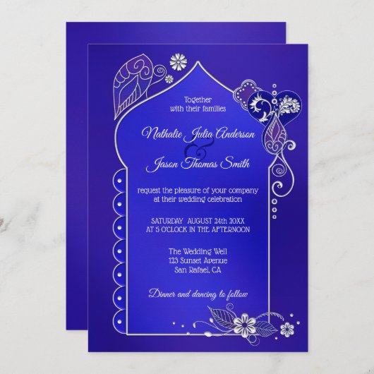 シルバーブルーパープルヘンナメンディ結婚式招待状 招待状 (正面/裏面)