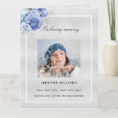 シルバーブルーフローラエレガント写真葬儀プログラム サンキューカード (正面)