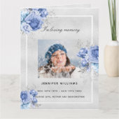 シルバーブルーフローラエレガント写真葬儀プログラム サンキューカード (正面)