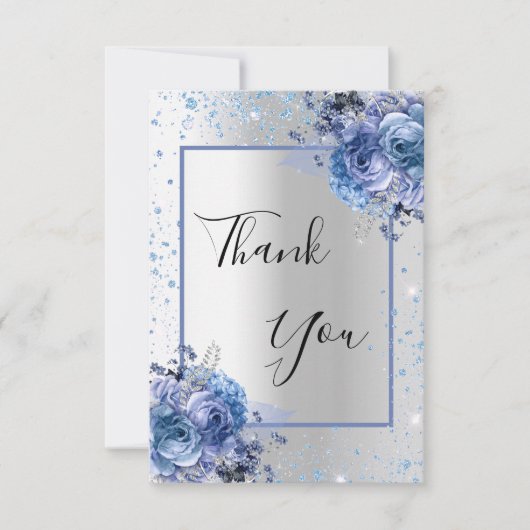 シルバーブルーフローラグリッターグラマエレガントラス サンキューカード (正面)