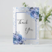 シルバーブルーフローラグリッター結婚写真 サンキューカード (スタンド正面)
