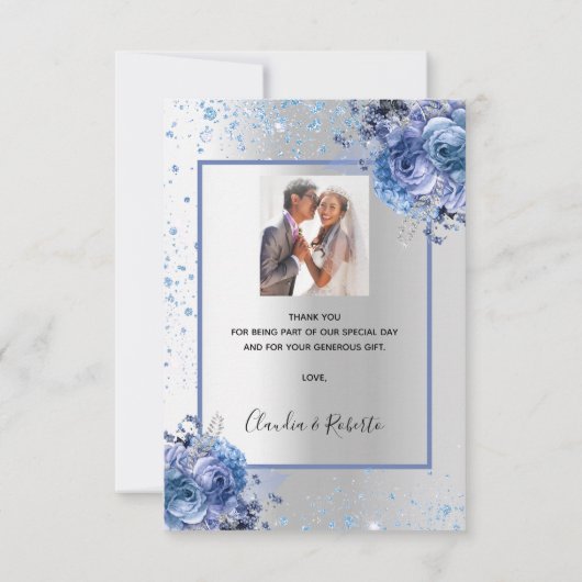 シルバーブルーフローラグリッター結婚写真 サンキューカード (裏面)