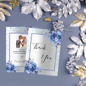 シルバーブルーフローラグリッター結婚写真 サンキューカード
