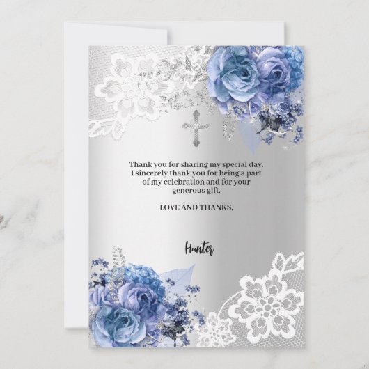 シルバーブルーフローラバプテスマ写真サンキューカード 招待状 (裏面)