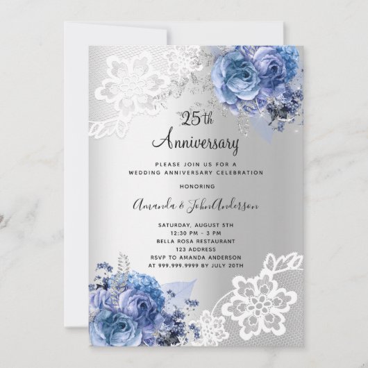 シルバーブルーフローラル25th結婚記念日 招待状 (正面)