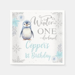 シルバーブルーペンギンウィンターオネダーランド誕生日 スタンダードカクテルナプキン
