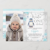 シルバーブルーペンギンウィンターオネダーランド誕生日 招待状 (正面/裏面)