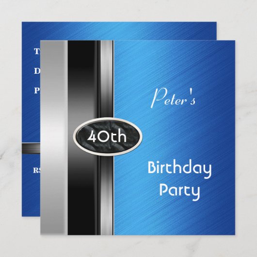 シルバーブルーメンズ40th誕生日パーティーマン 招待状 (正面/裏面)