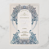 シルバーブルーヴィンテージウェディングウィリアム・モリス 箔招待状 (正面)