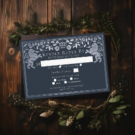 シルバーブルー中世ライオンウェディングRSVP エンクロージャーカード