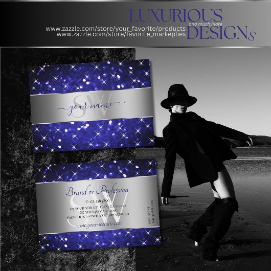 シルバーブルー王室のグリッタースパークルスターズイニシャル 名刺